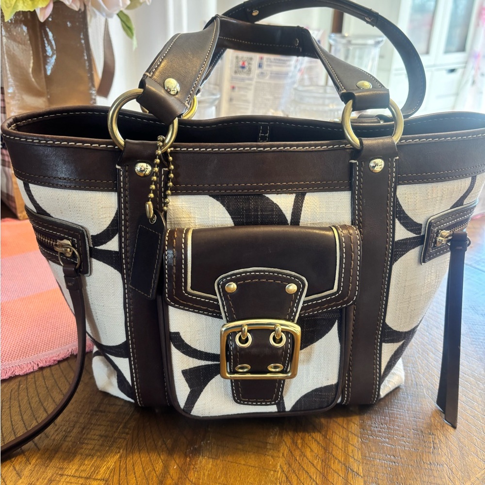 Coach Dark Brown and Cream Tote with Gold Buckle